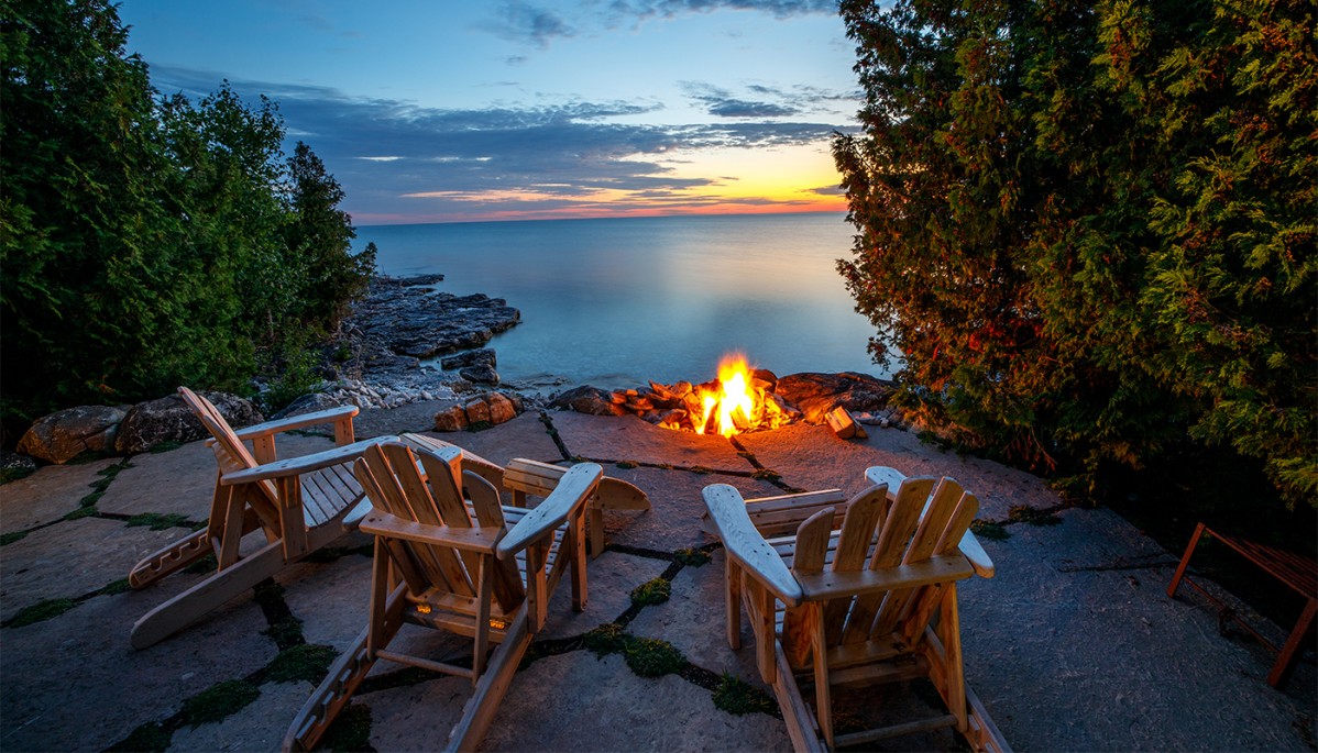sunset fire with lake view