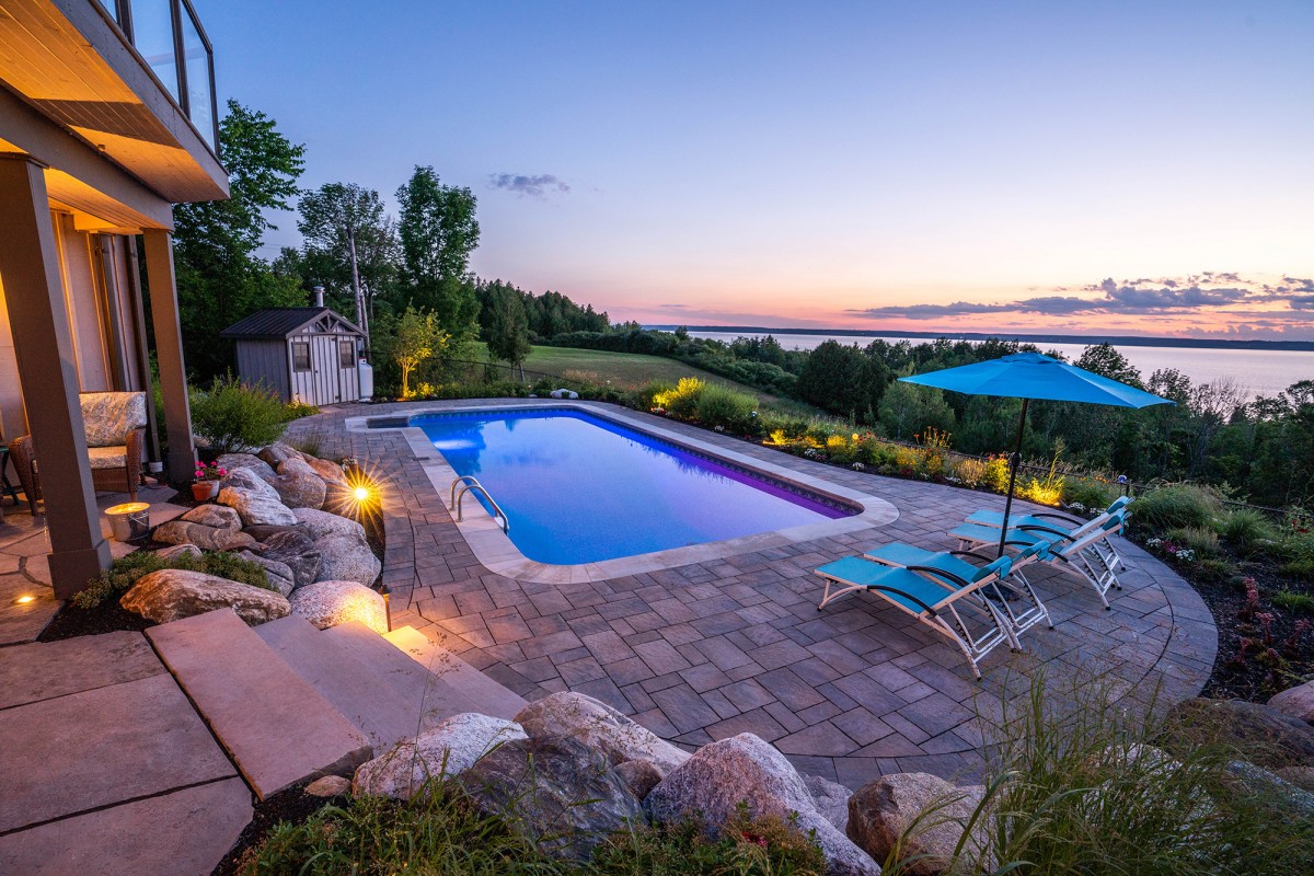 overview of pool with lounge chairs